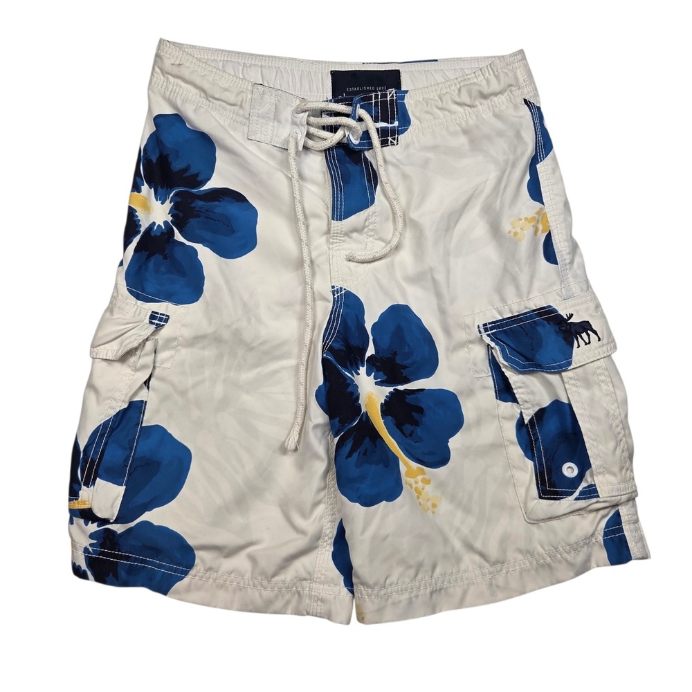 Vintage Y2K Abercrombie Board Shorts Men L White Blue Hibiscus Floral Cargo Swim
